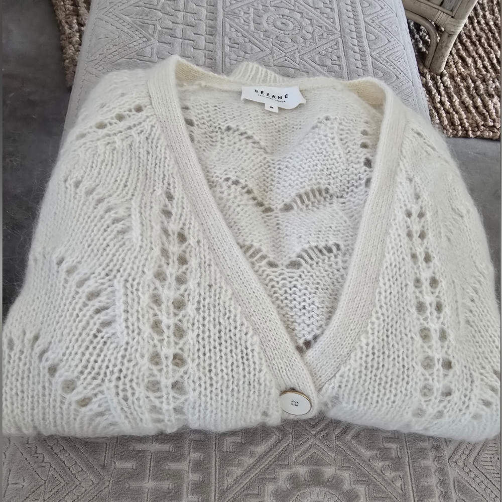 SÉZANE Dereck Fancy Knit Mohair Pointelle Cardigan Ivory Ecru S Like New RARE - Picture 6 of 12